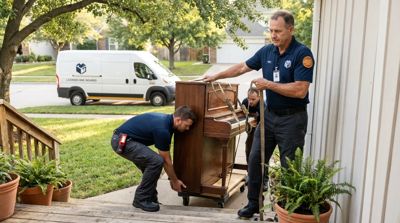 Licensed piano movers securing grand piano in North Fort Myers, FL