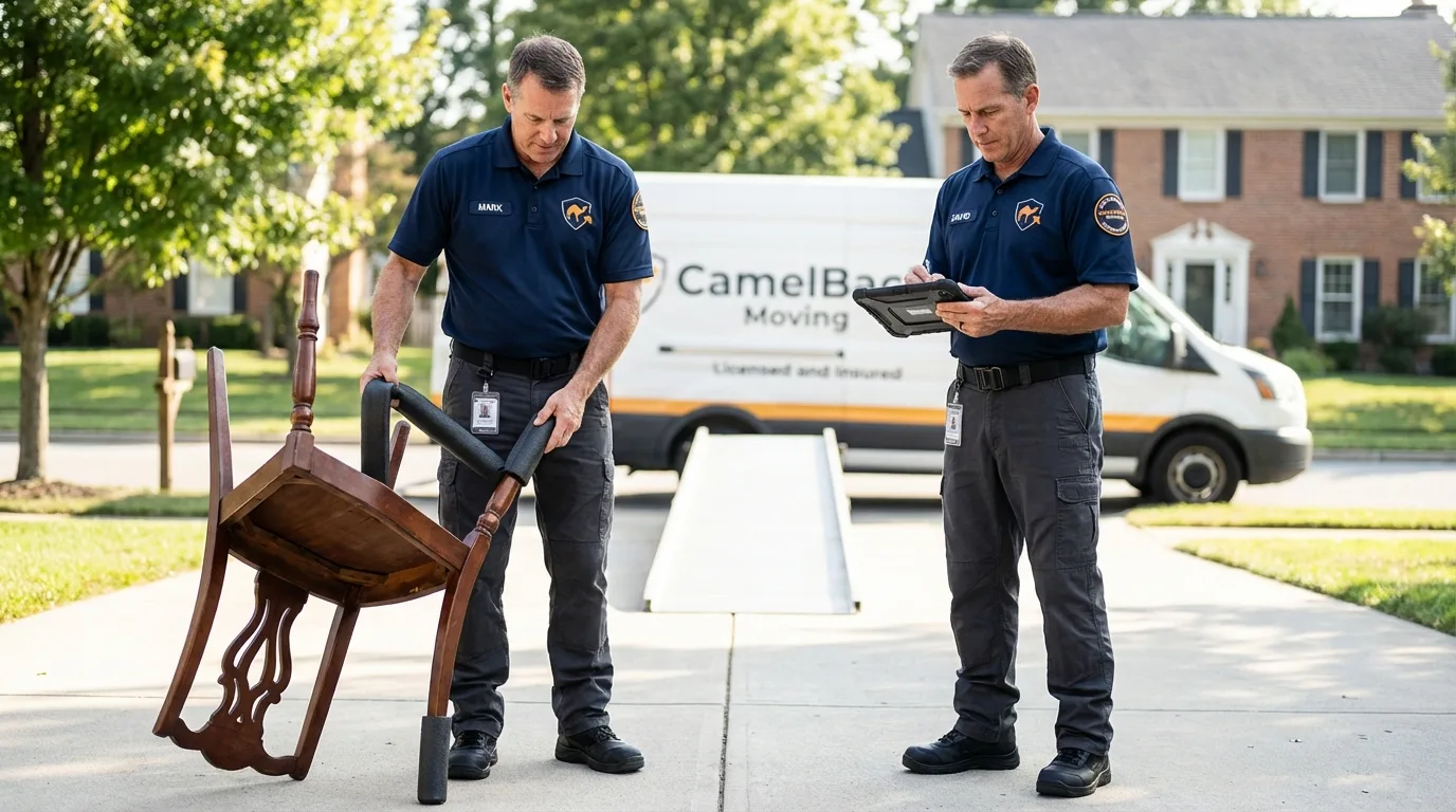 Movers inspecting furniture for damage prevention before loading in North Fort Myers, FL