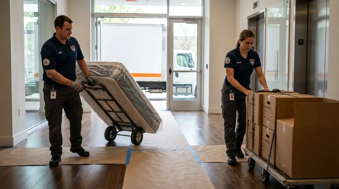 Professional apartment movers loading elevator in North Fort Myers, FL