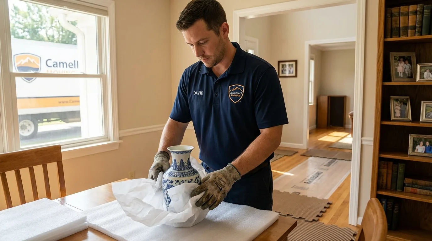 Professional crew carefully wrapping antique vase for senior downsizing move in North Fort Myers, FL